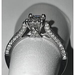 1.85 CTW Emerald Cut Hybrid Diamond Engagement Ring 18K White Gold Pave VVS2 F